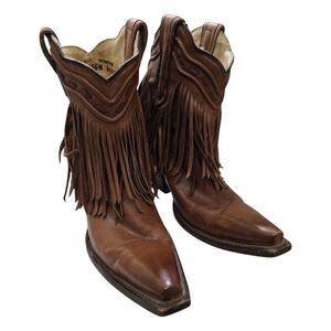 CORRAL Cowgirl Fringe Whip Stitch Short Boot Snip Toe Cognac Leather Women 6.5